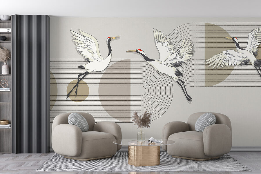 Group of birds flying over music notes