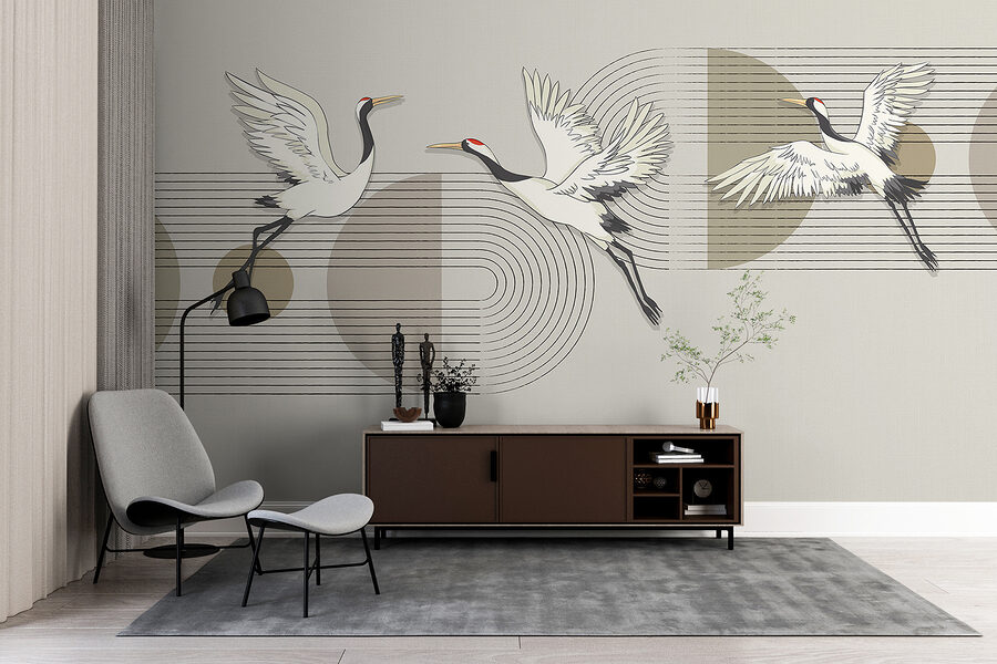 Group of birds flying over music notes