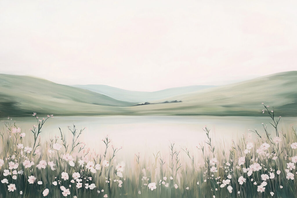 Painting of a lake with flowers Painting of a lake with flowers