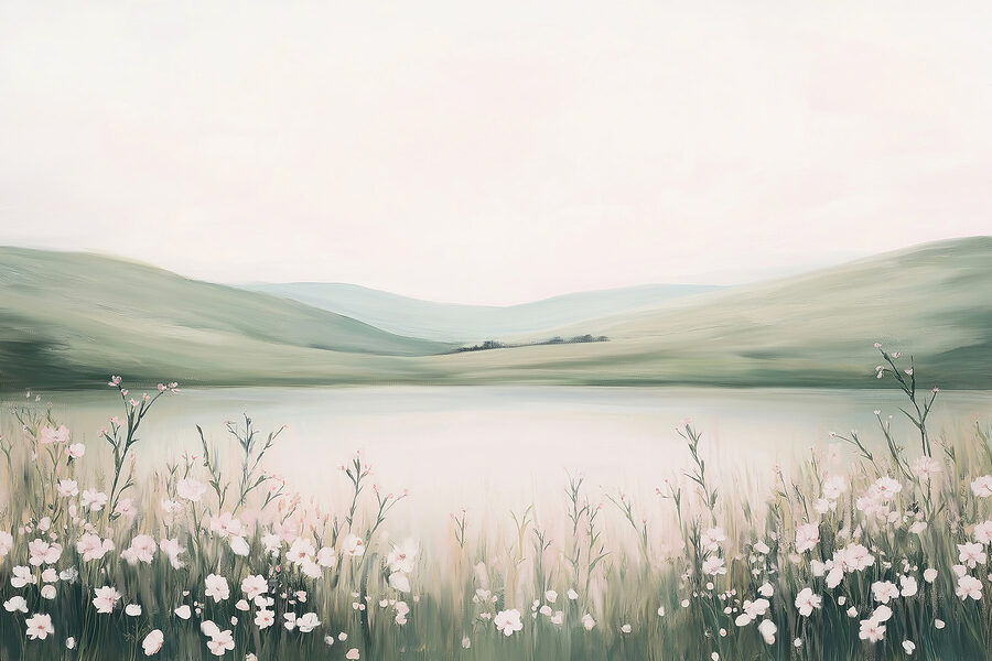 Painting of a lake with flowers