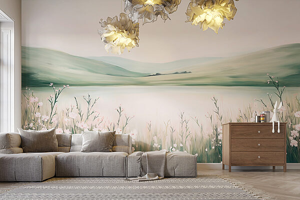 Painting of a lake with flowers Painting of a lake with flowers
