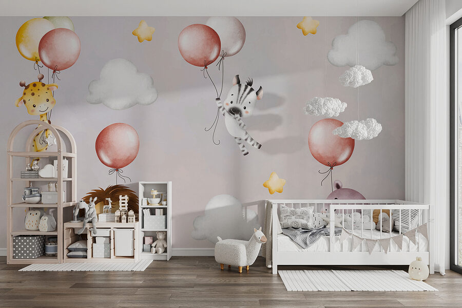 Wallpaper with animals and balloons