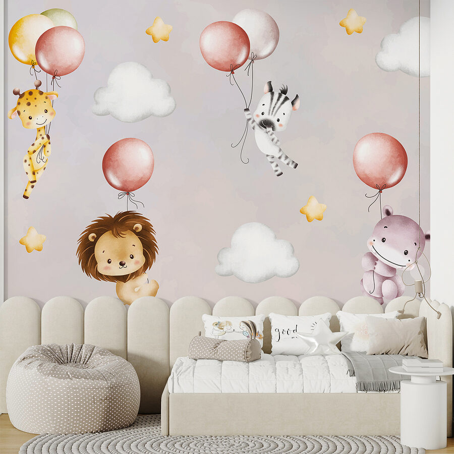Wallpaper with animals and balloons