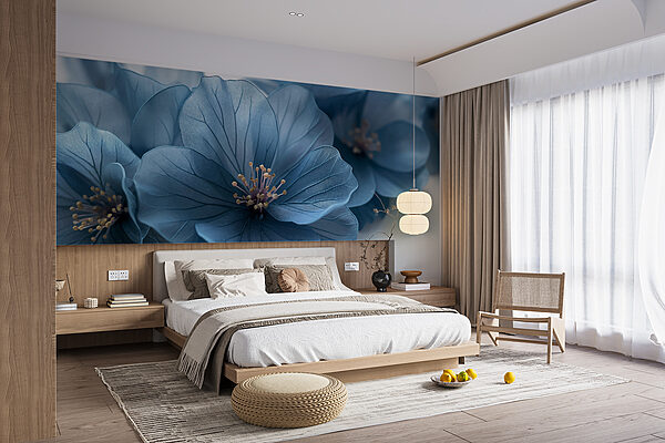 Wall murals Wall murals Blue flowers on a white surface (SKU: w01413)