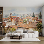Wall mural Watercolor of a town with many buildings and trees