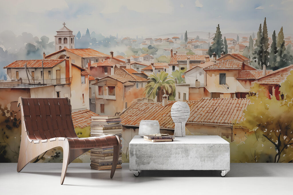 Watercolor of a town with many buildings and trees Watercolor of a town with many buildings and trees