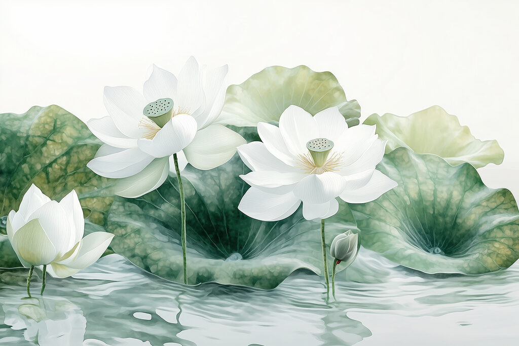 Group of white flowers and green leaves in water Group of white flowers and green leaves in water