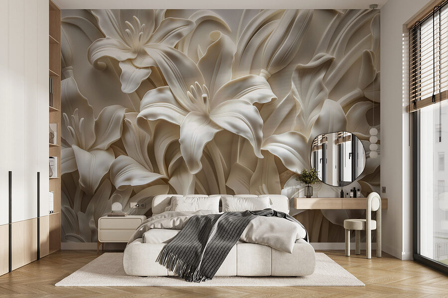 White flower sculpture on a wall