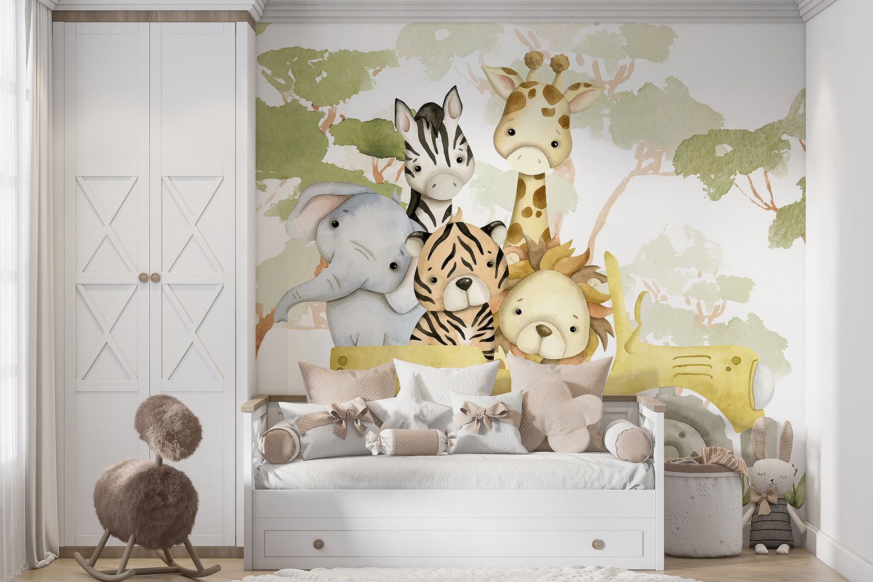 Group of animals in a yellow truck Group of animals in a yellow truck