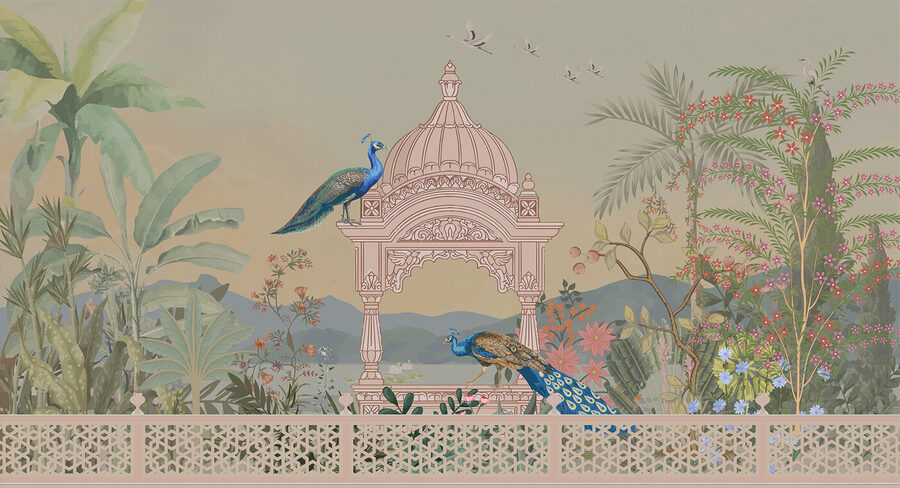 Wall murals Mural of a building with a roof and birds - Image 5