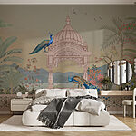 Wall murals Mural of a building with a roof and birds