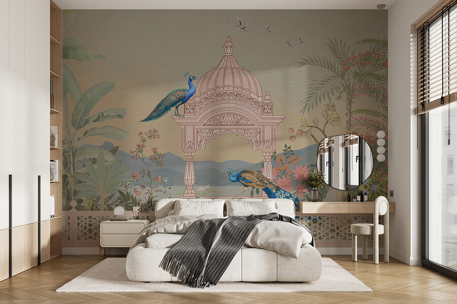 Wall murals Mural of a building with a roof and birds