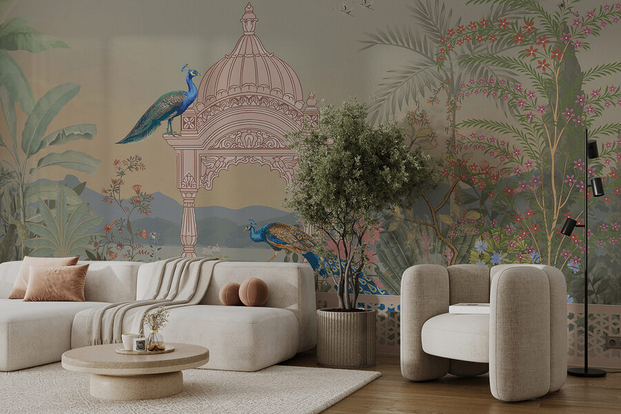 Wall murals Mural of a building with a roof and birds - Image 3