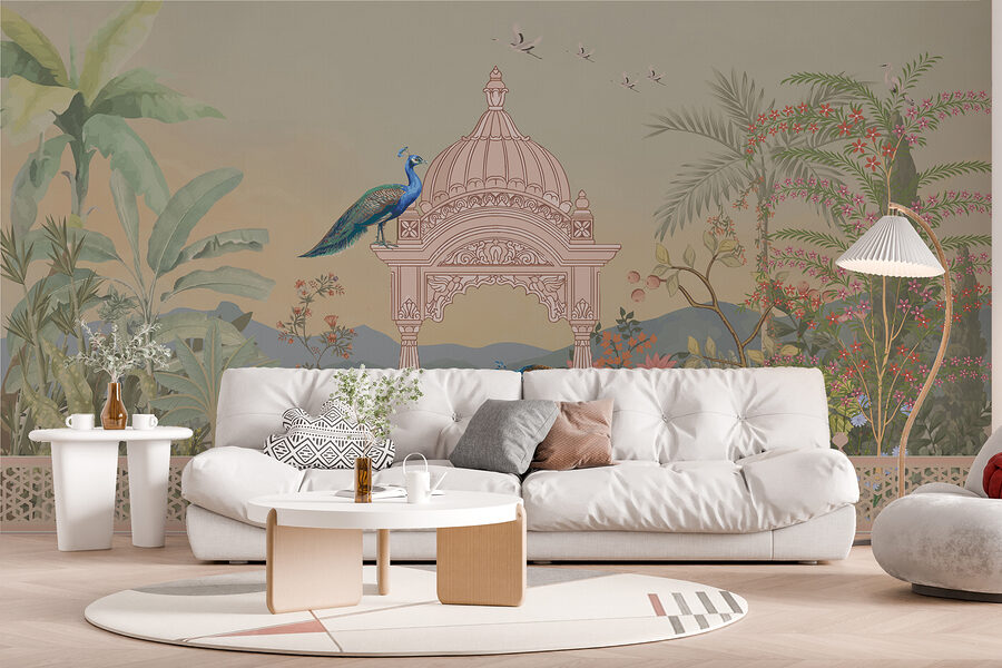 Wall murals Mural of a building with a roof and birds - Image 4