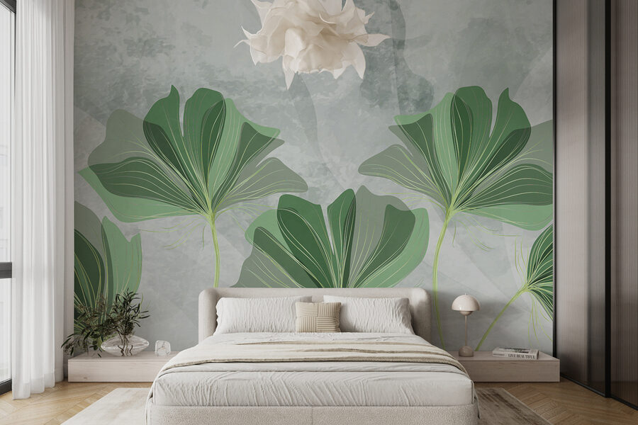 Green leaves with a grey background