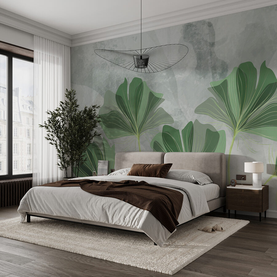 Green leaves with a grey background
