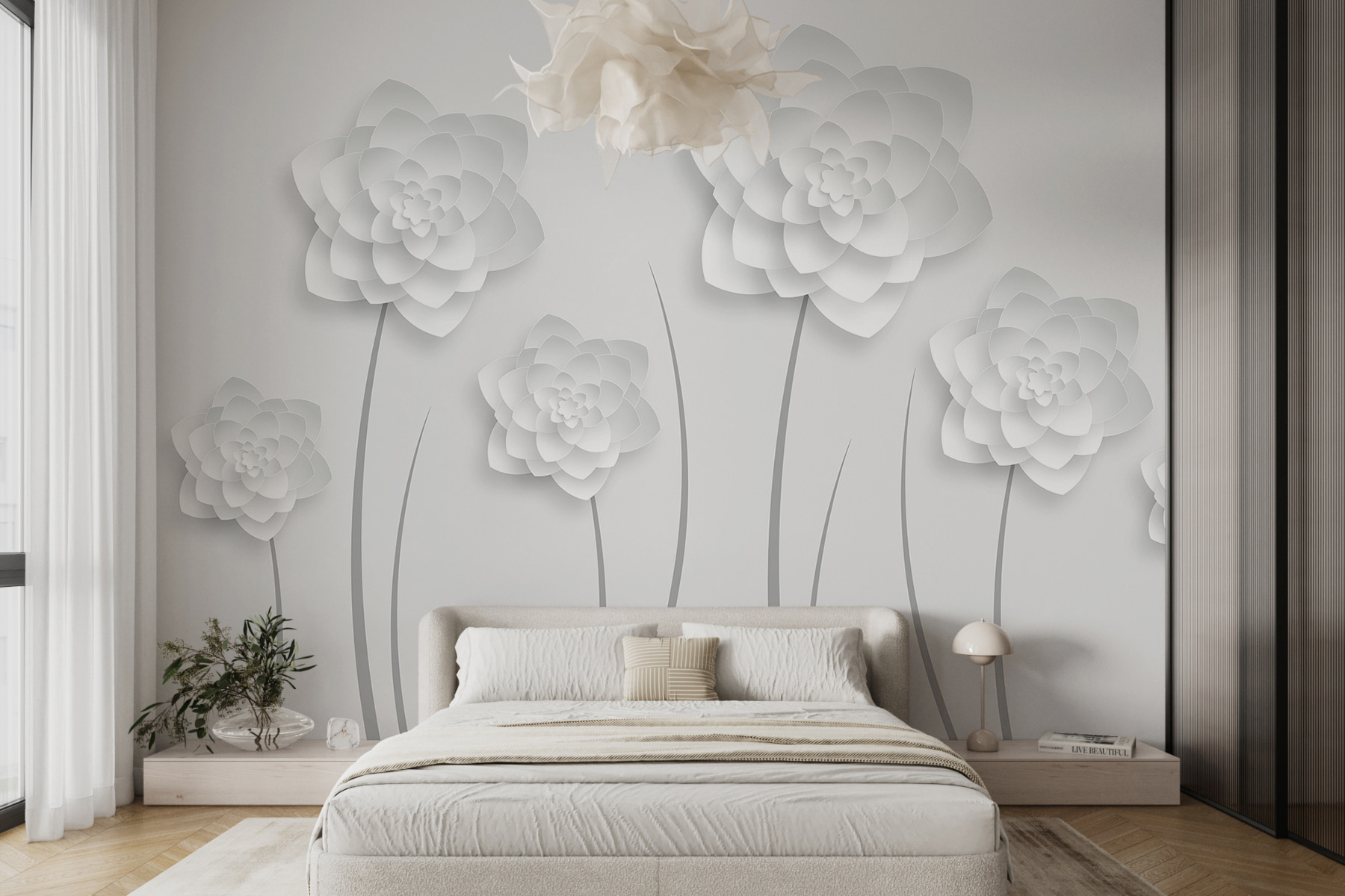 White paper flowers on a white background