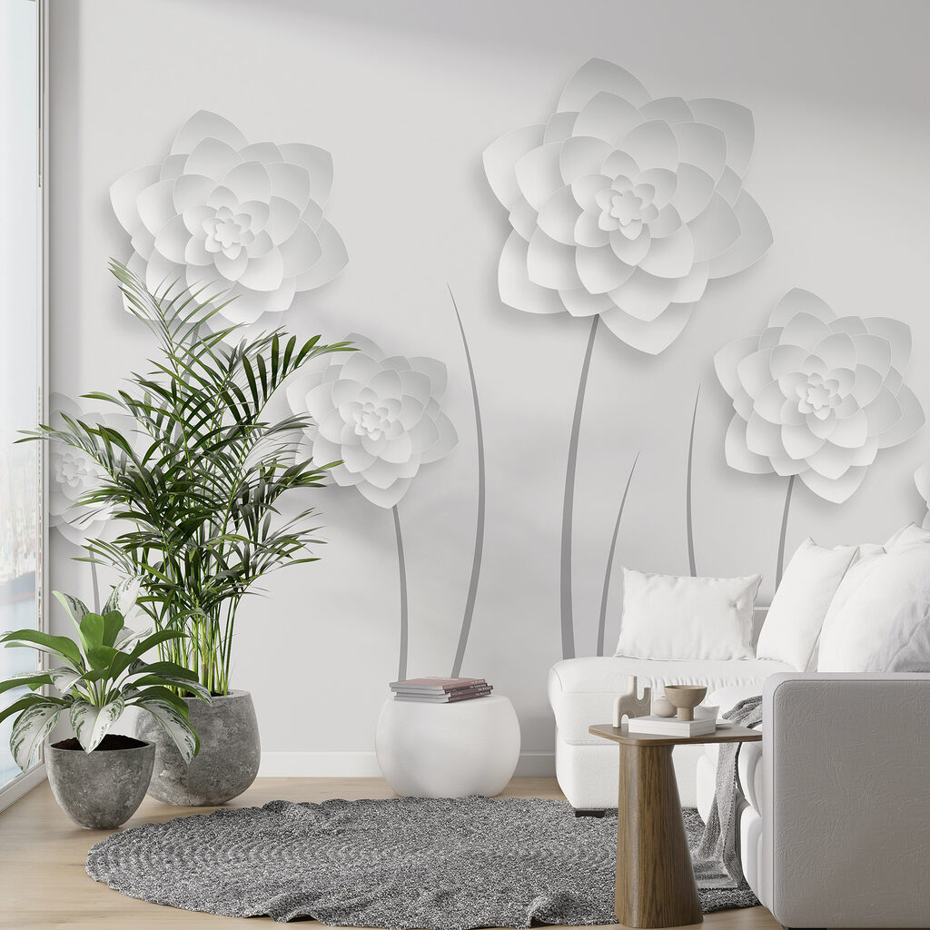 White paper flowers on a white background