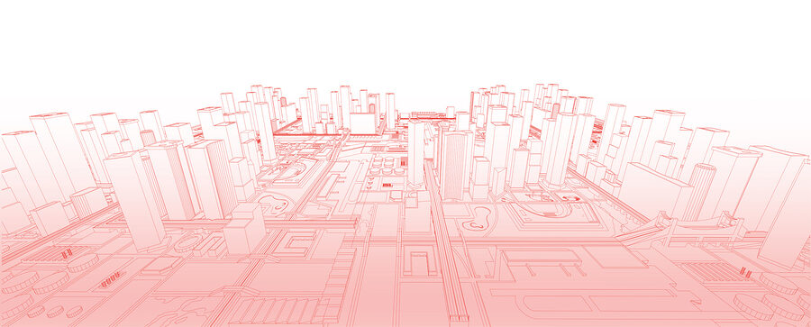Red line drawing of a city