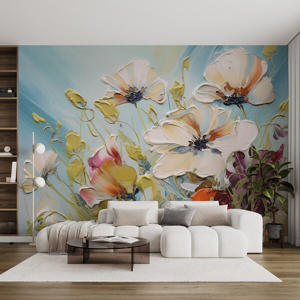 Painting of flowers on a blue background Wall murals Painting of flowers on a blue background