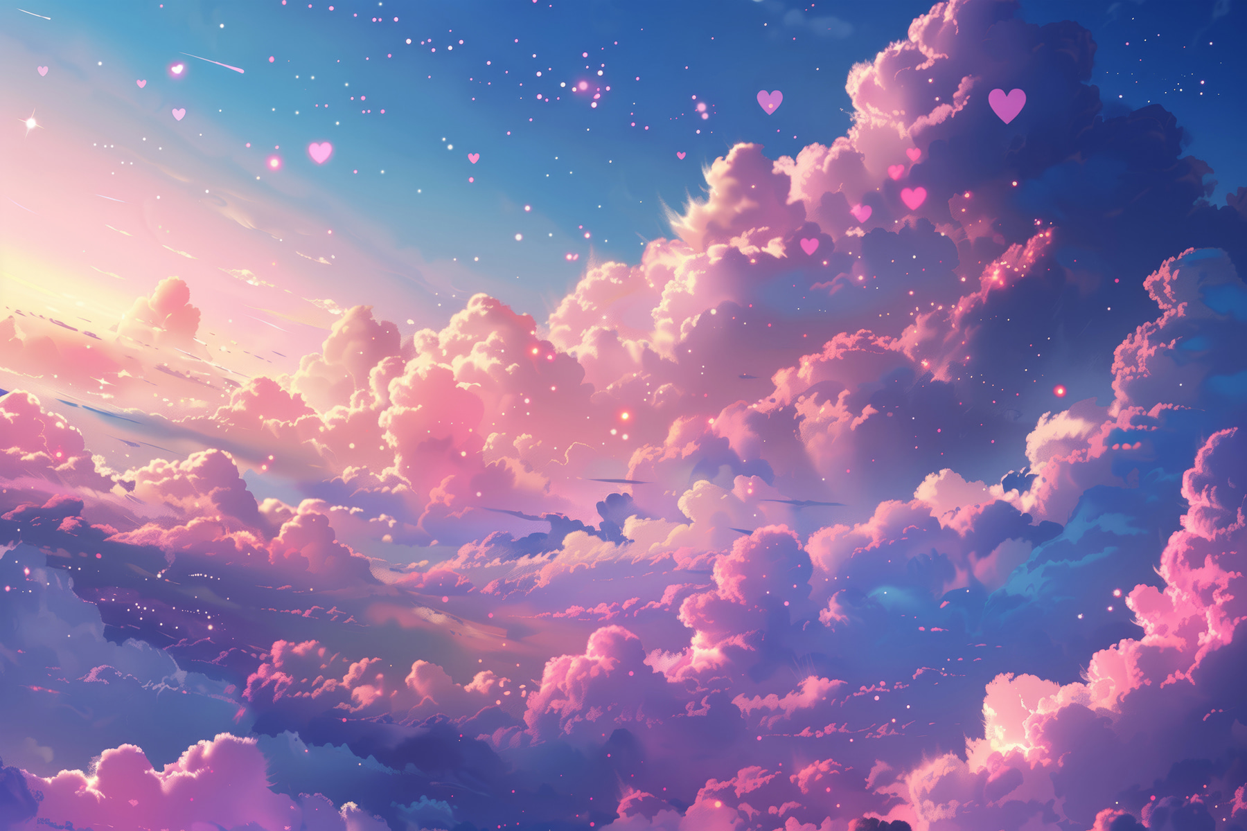 Colorful sky with clouds and hearts