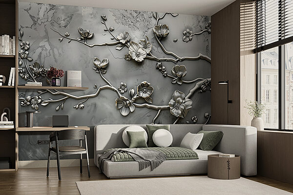 Wall mural Wall mural Silver floral design on a wall (SKU: w01432)