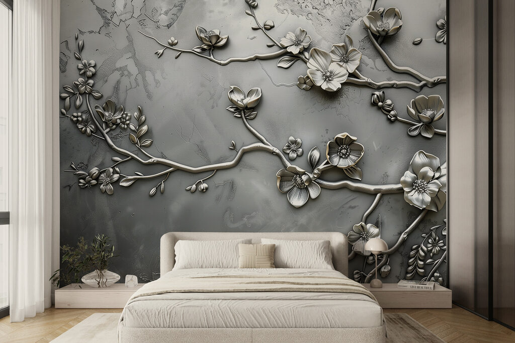 Silver floral design on a wall