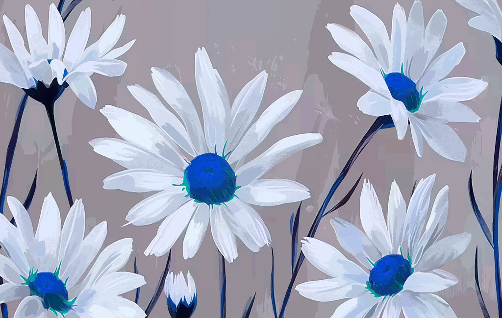 Group of white flowers with blue center Group of white flowers with blue center