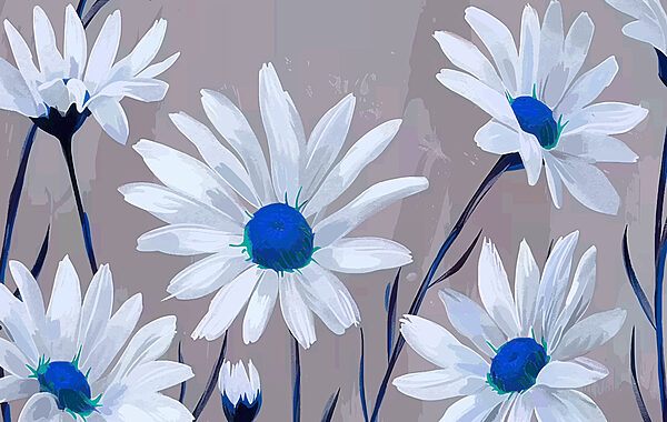 Group of white flowers with blue center Group of white flowers with blue center