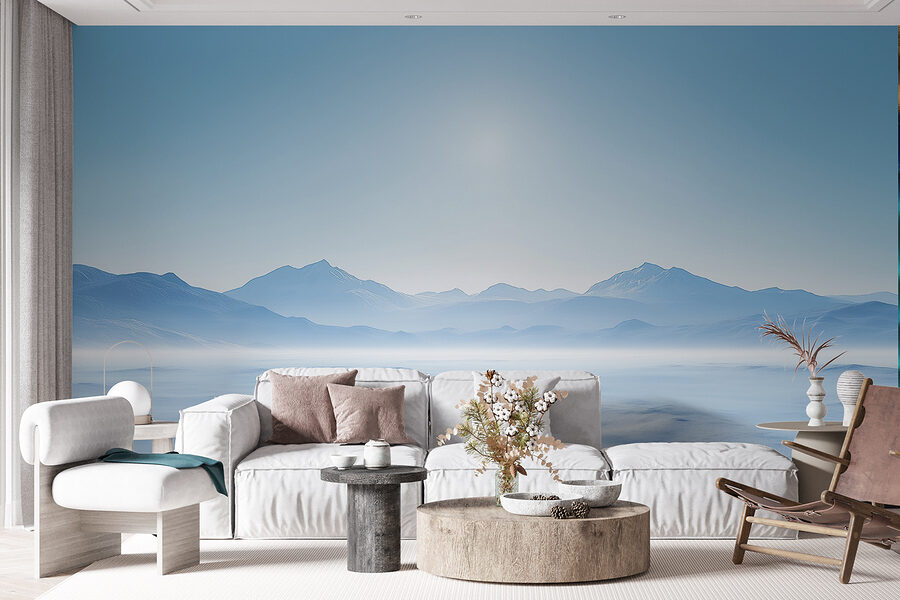 Snowy landscape with mountains in the distance