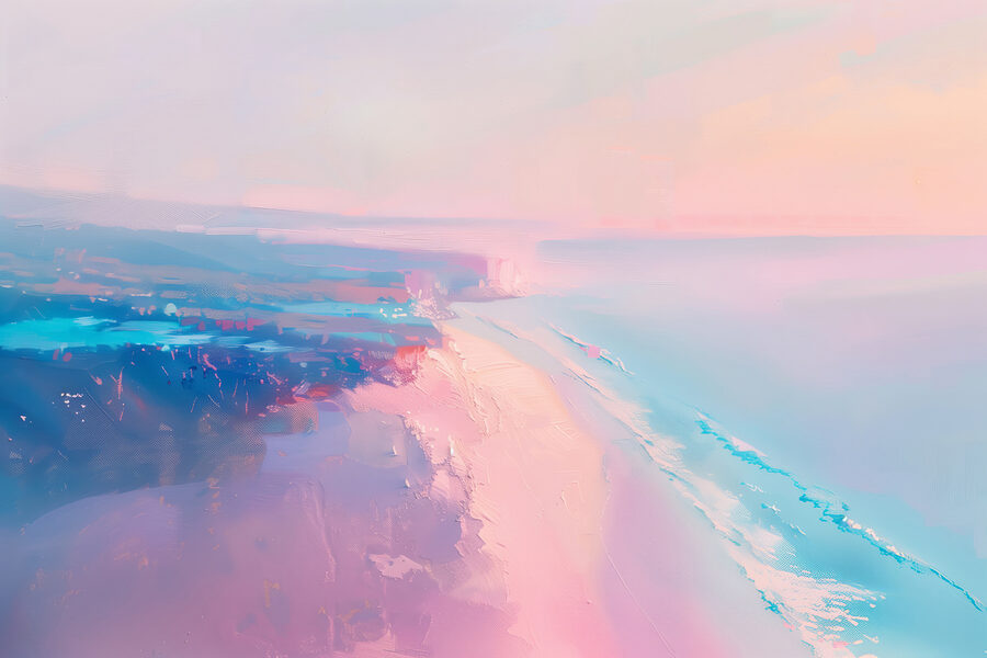 Beach with a pink and blue sky