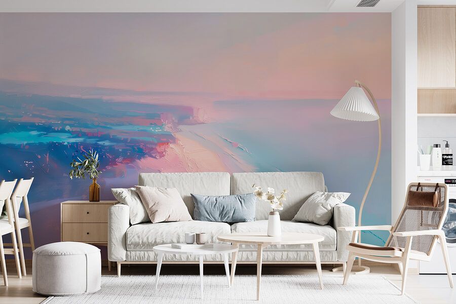 Beach with a pink and blue sky