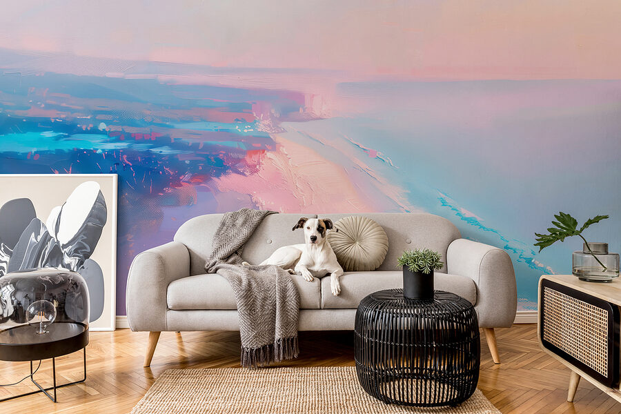 Beach with a pink and blue sky