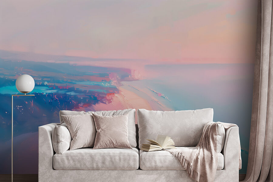 Beach with a pink and blue sky