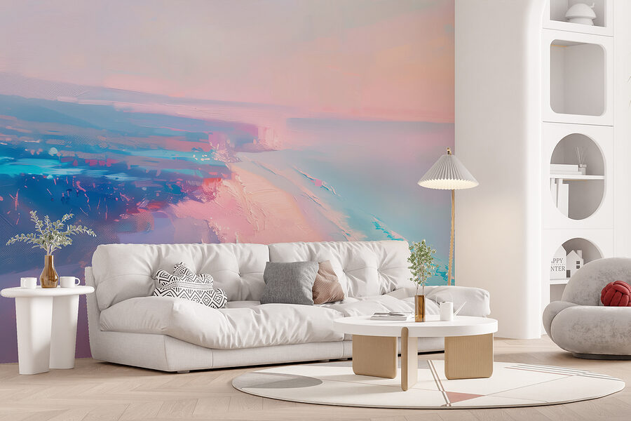Beach with a pink and blue sky