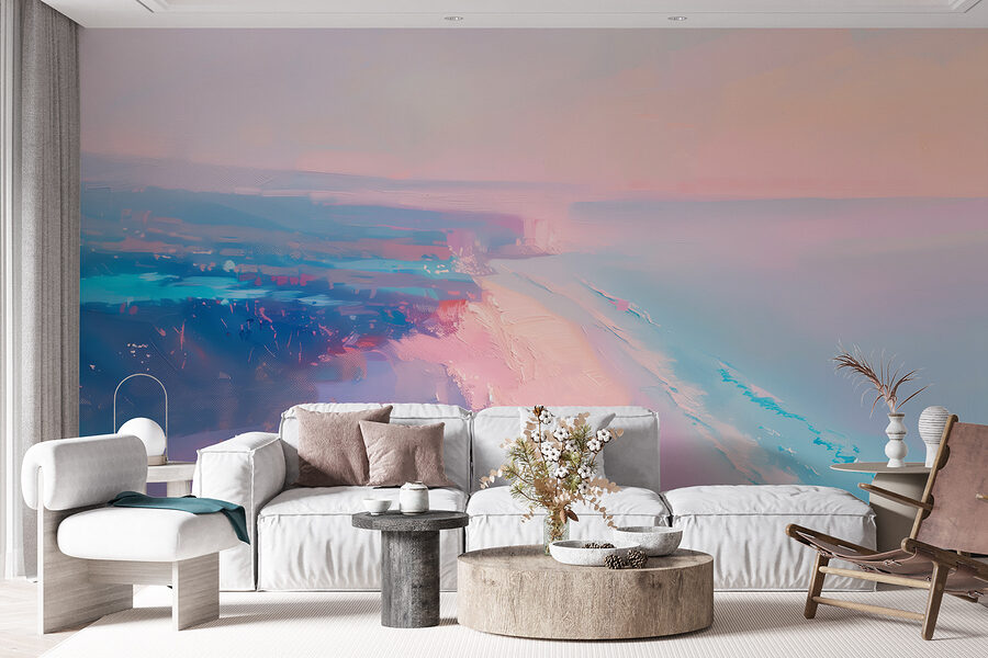 Beach with a pink and blue sky