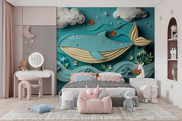 Paper cut whale in the ocean Paper cut whale in the ocean