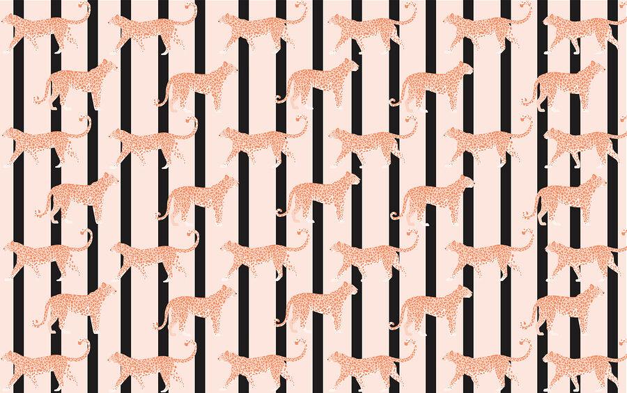 Wall murals Pattern of orange cheetahs on a black and white striped background - Image 3