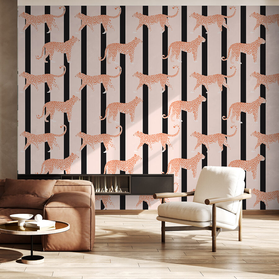Wall murals Pattern of orange cheetahs on a black and white striped background