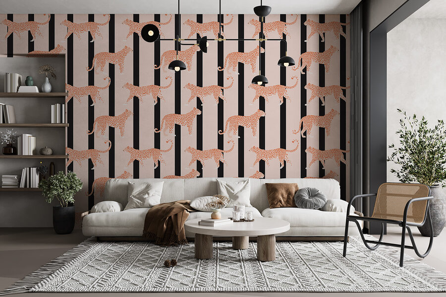 Wall murals Pattern of orange cheetahs on a black and white striped background - Image 2