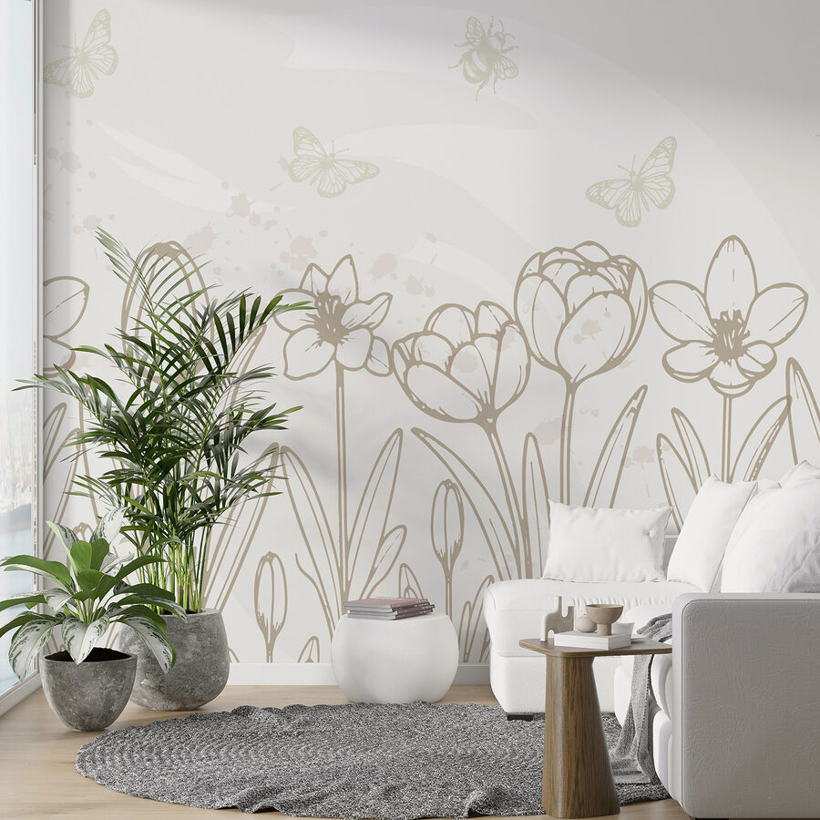 Line drawing of flowers and butterflies Line drawing of flowers and butterflies
