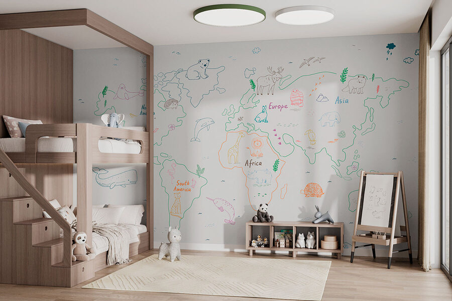 Wall murals Map of the world with animals and text