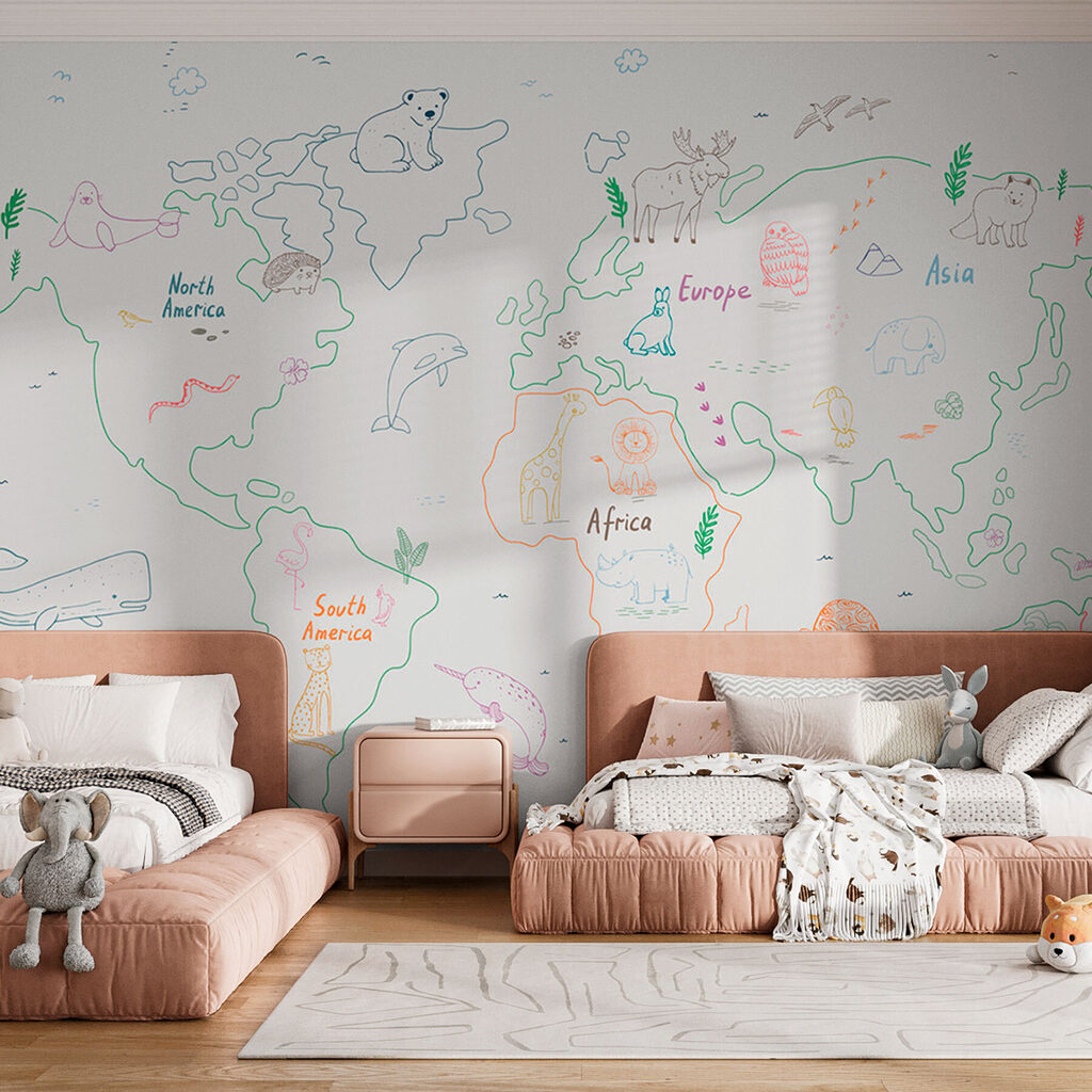 Map of the world with animals and text