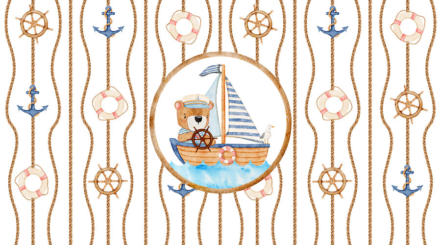 Watercolor painting of a bear on a boat
