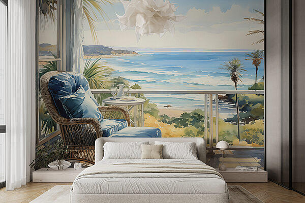 Watercolor painting of a chair and a table on a balcony overlooking a beach Watercolor painting of a chair and a table on a balcony overlooking a beach