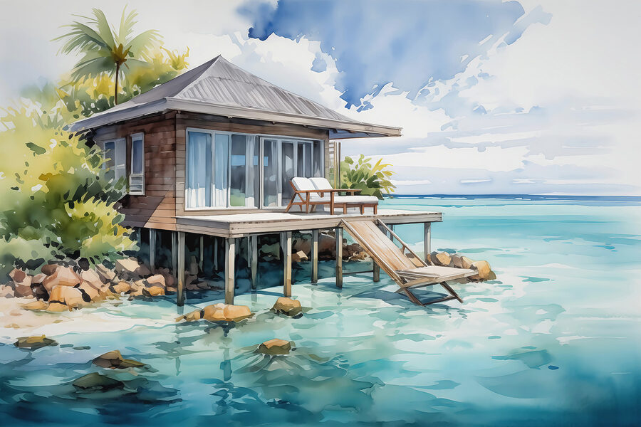 Watercolor painting of a house on stilts Watercolor painting of a house on stilts