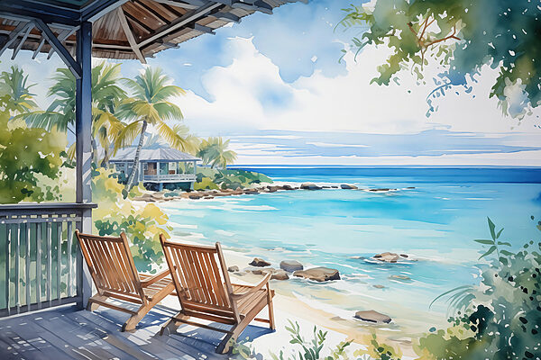 Watercolor painting of chairs on a deck overlooking a beach Watercolor painting of chairs on a deck overlooking a beach