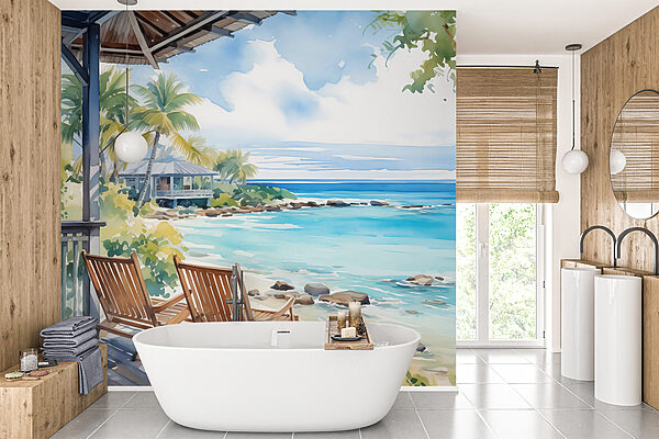 Watercolor painting of chairs on a deck overlooking a beach Watercolor painting of chairs on a deck overlooking a beach