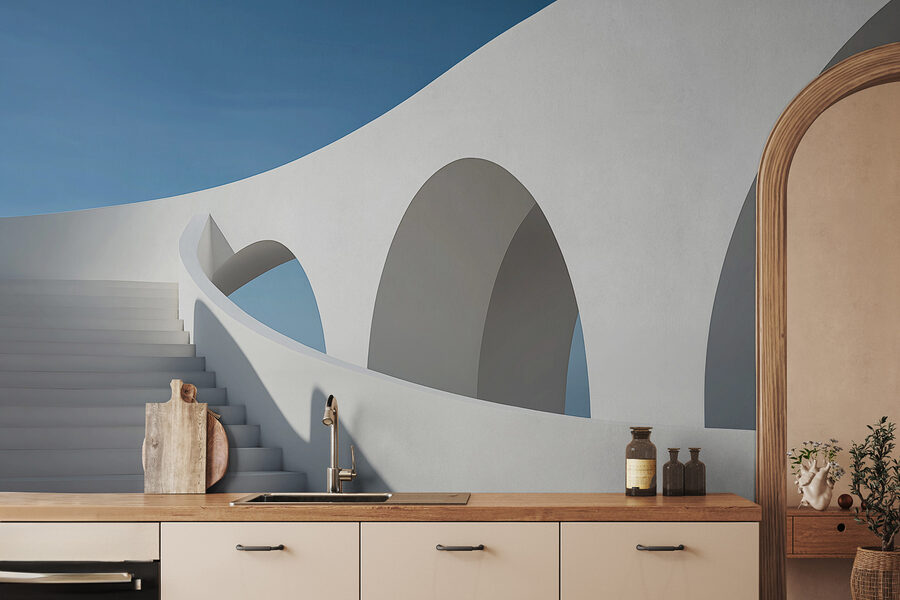 White staircase with arches