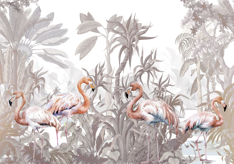 Group of flamingos in a forest